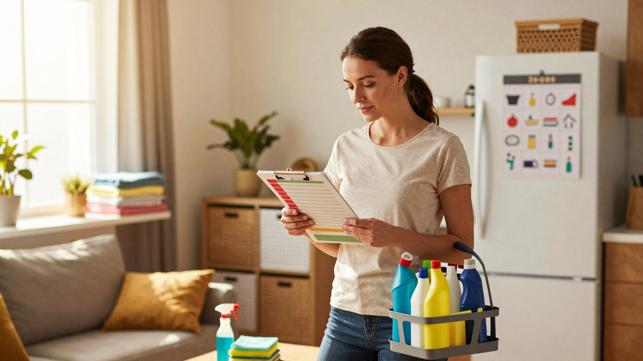 Woman holding checklist and cleaning supplies caddy in a sunlit living room with plants and a sofa.