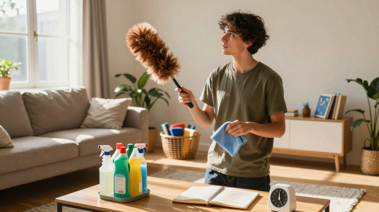 Young man dusting a room with cleaning supplies and an open notebook on a table in a sunlit living room.