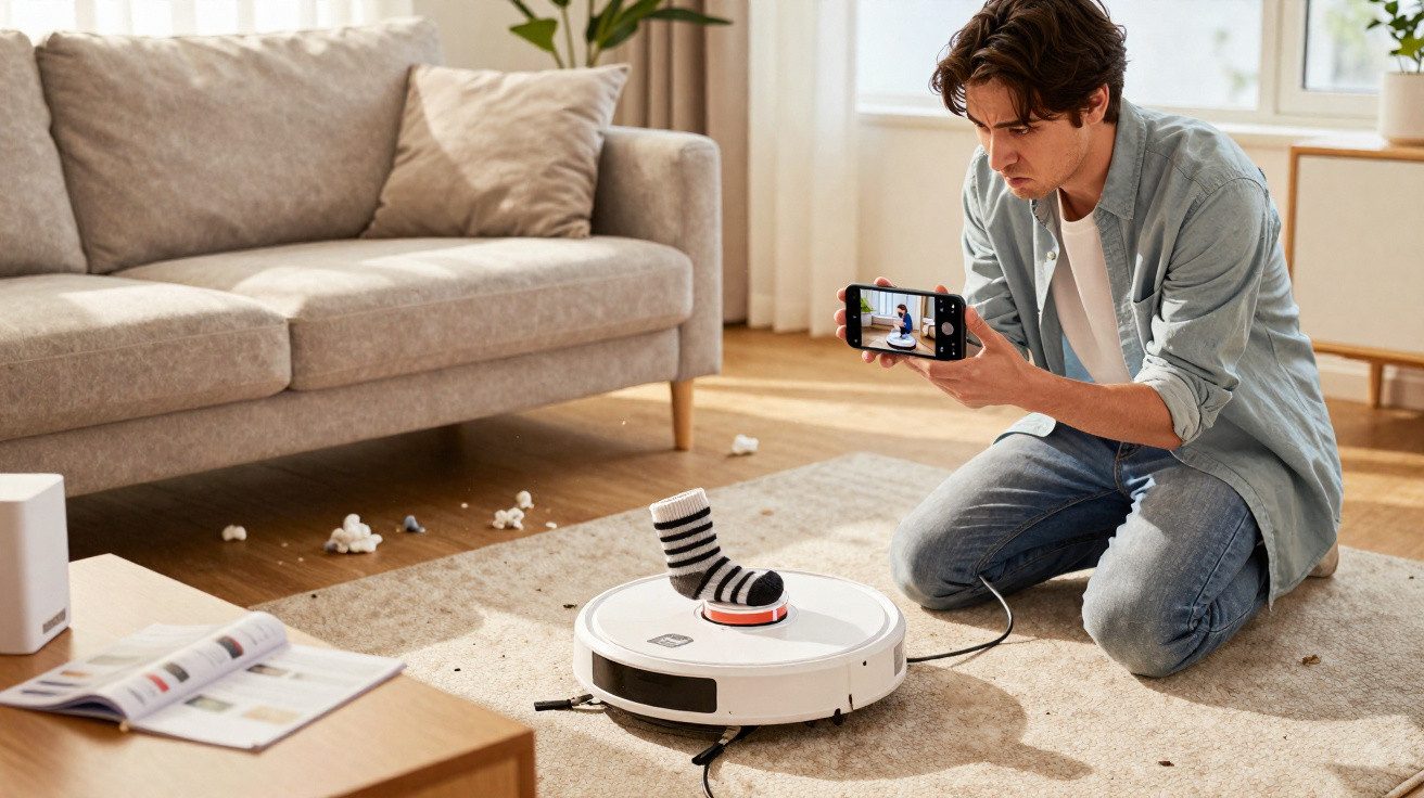 Man kneeling on carpet filming a robotic vacuum cleaner with a sock on top amidst scattered debris in a living room.