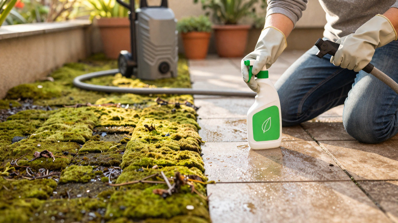 Person in gloves using a spray bottle and hose to clean moss from garden patio tiles.