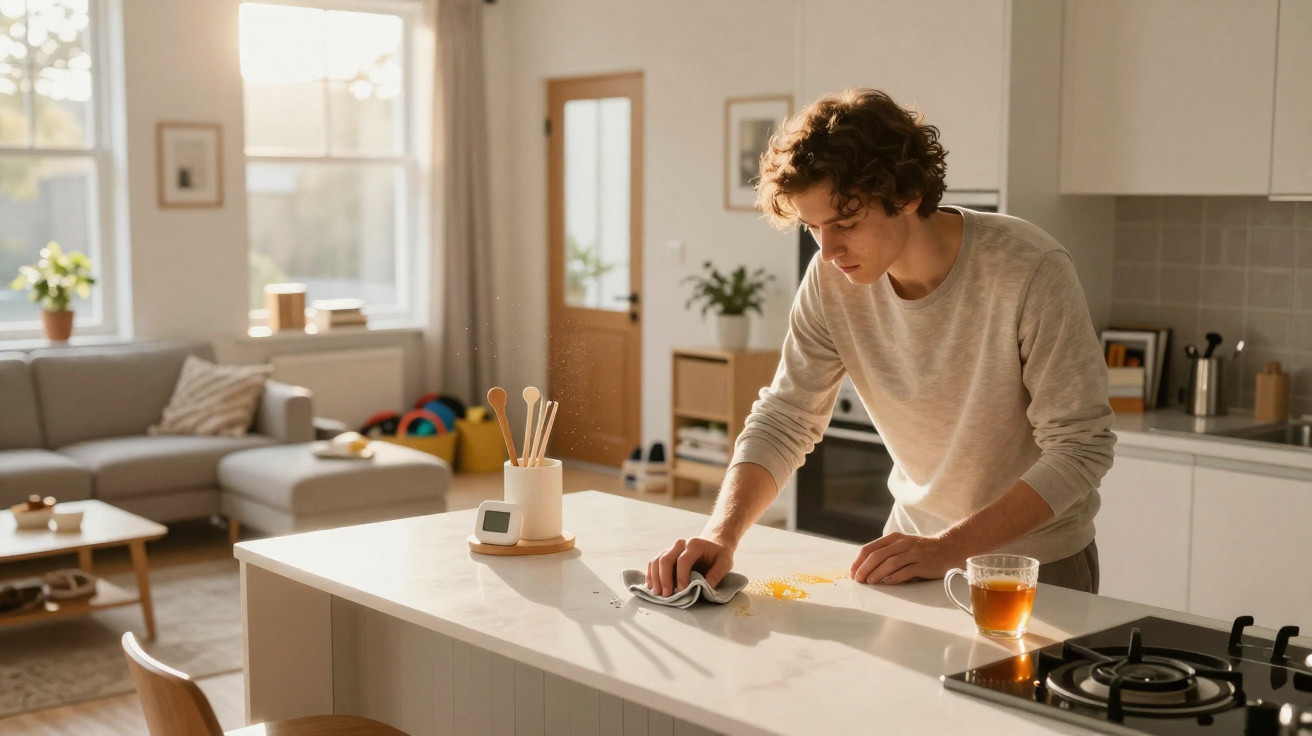 Young man cleaning kitchen island countertop with cloth in bright modern kitchen with tea cup nearby.