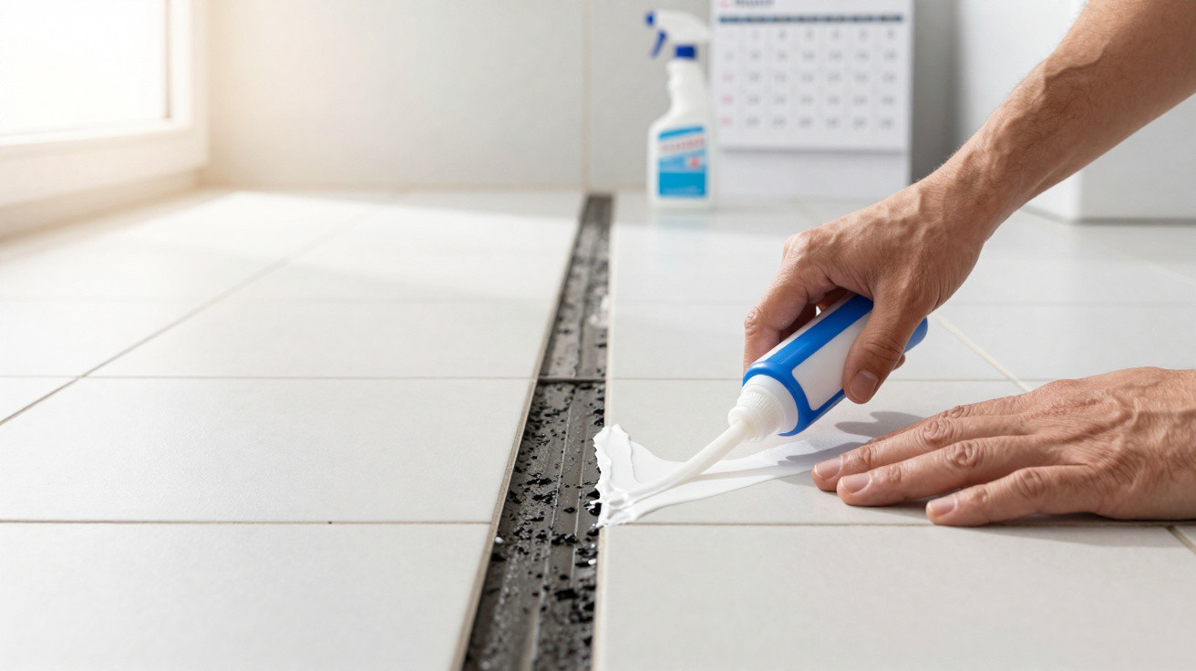 Person applying white grout sealant to gaps between white floor tiles for waterproofing and protection.