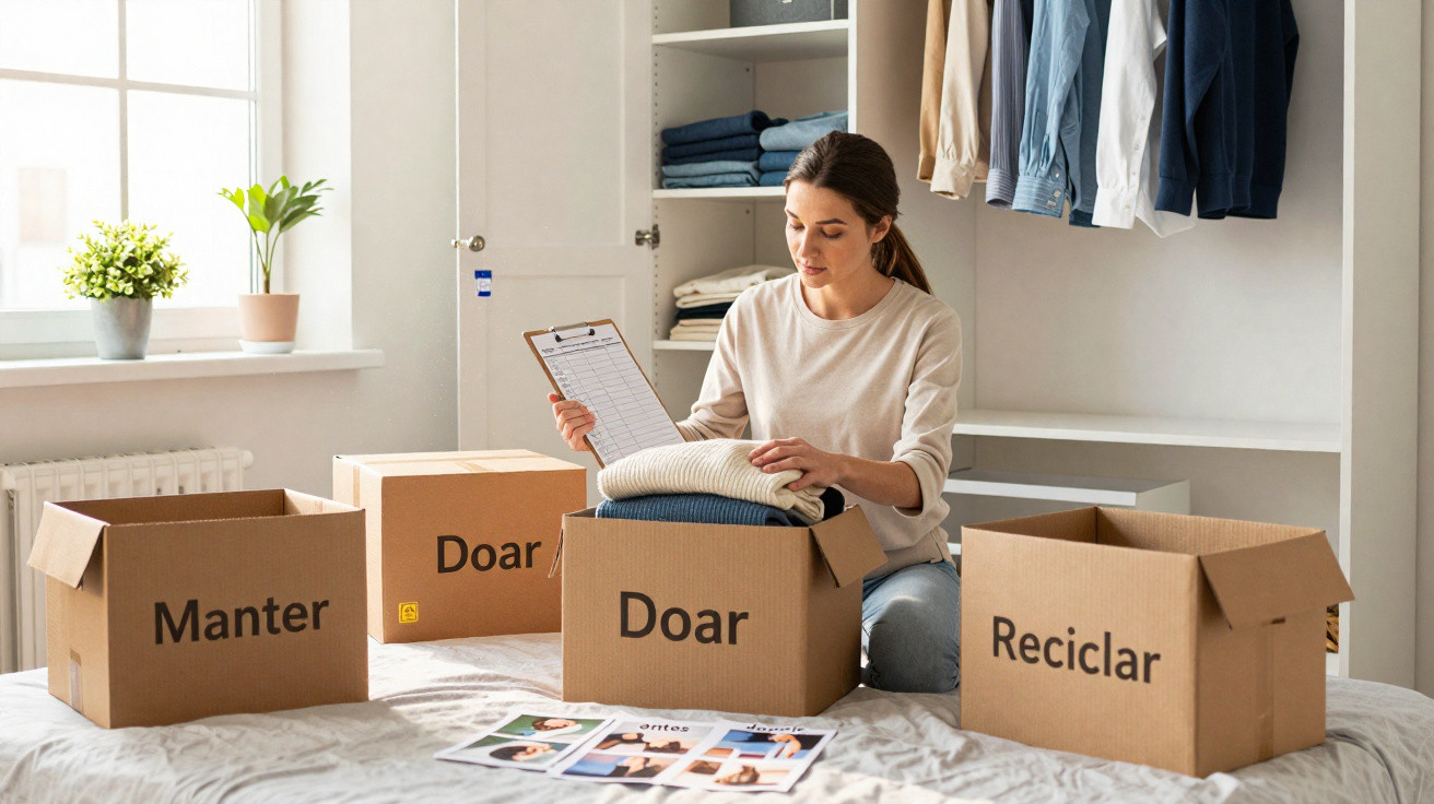 Woman organising clothes into labelled cardboard boxes for keeping, donating, and recycling in a tidy bedroom.