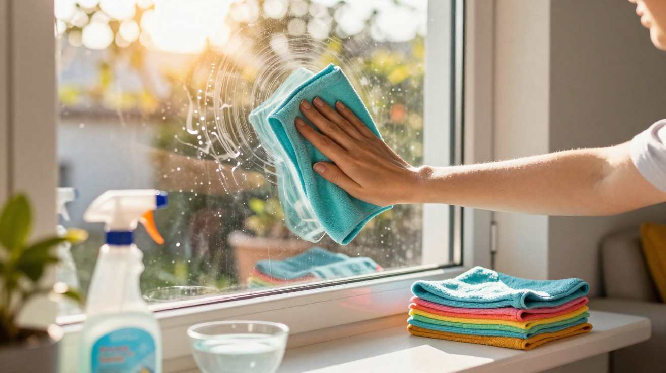 Person cleaning a window with a blue cloth and spray bottle on a sunny day.