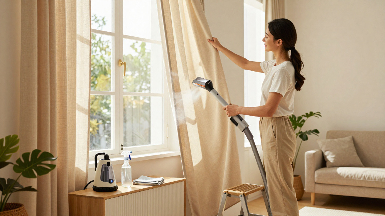 Woman steaming beige curtains near a window in a bright, tidy living room with plants and a sofa.