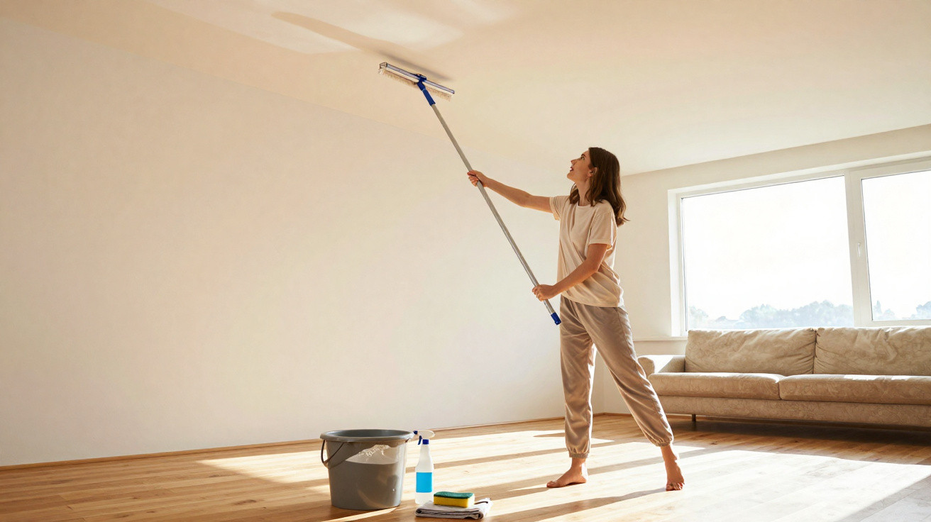 Woman cleaning ceiling with mop in bright living room with wooden floor and beige sofa.