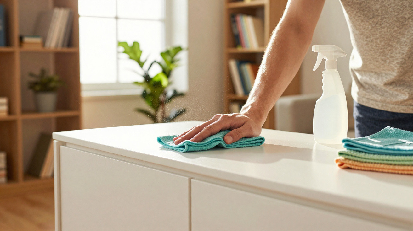 Person cleaning white cabinet surface with turquoise cloth and spray bottle in bright room with bookshelves.