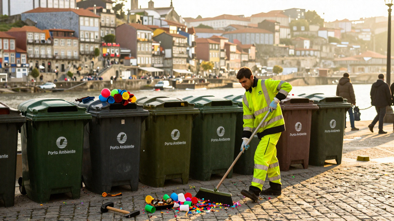 A sanitation worker sweeps colourful discarded cups and confetti beside a row of bins near a riverside town.