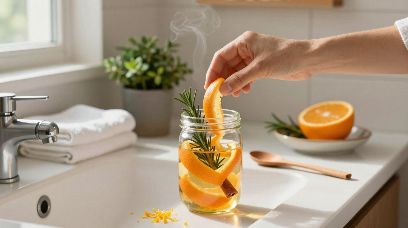 Hand placing orange peel into steaming jar with rosemary and cinnamon on kitchen counter by sink.