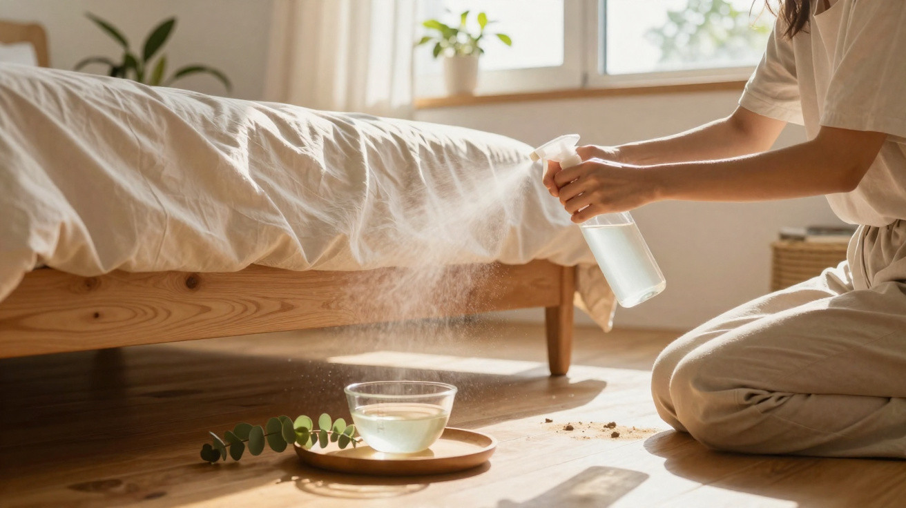 Person spraying water under bed in sunlit bedroom with cleaning supplies on wooden floor.