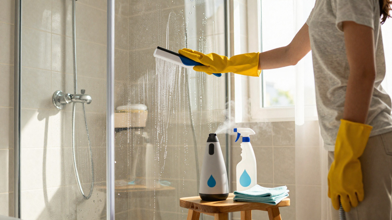 Person wearing yellow gloves cleaning a glass shower door with a squeegee in a bathroom.