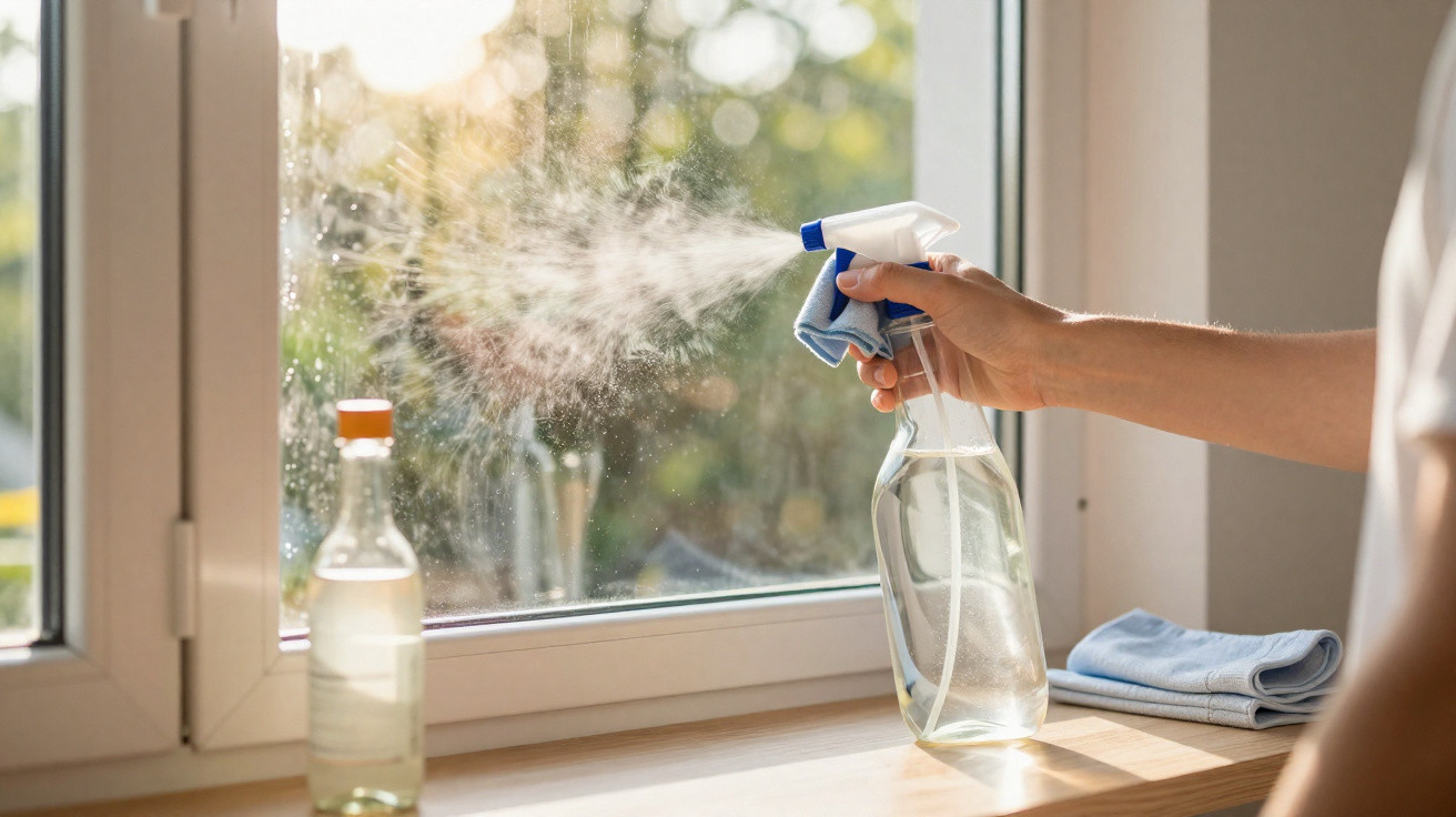 Hand spraying cleaning solution on a window with a cloth held alongside the spray bottle on a wooden ledge.
