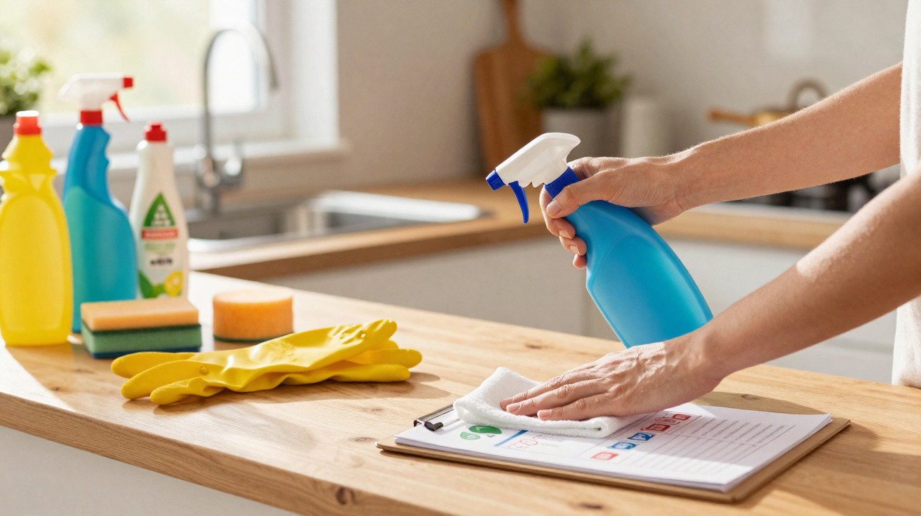 Person cleaning a checklist clipboard on a kitchen counter with a blue spray bottle and cleaning cloth.