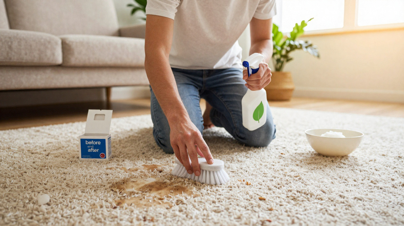 Person cleaning a stained cream carpet using a brush and spray bottle in a living room.