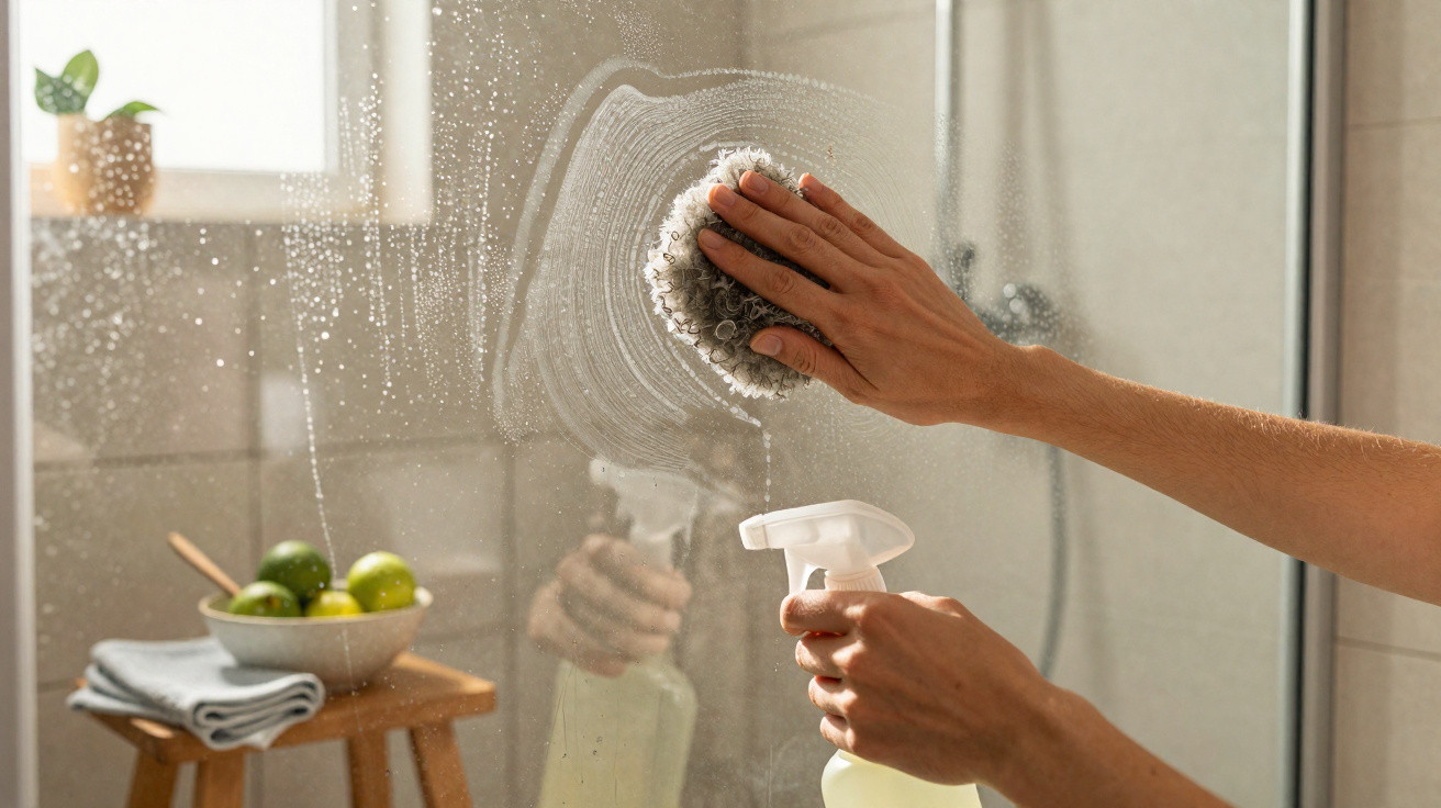 Person cleaning a glass shower door with a spray bottle and scrubbing pad in a bathroom.