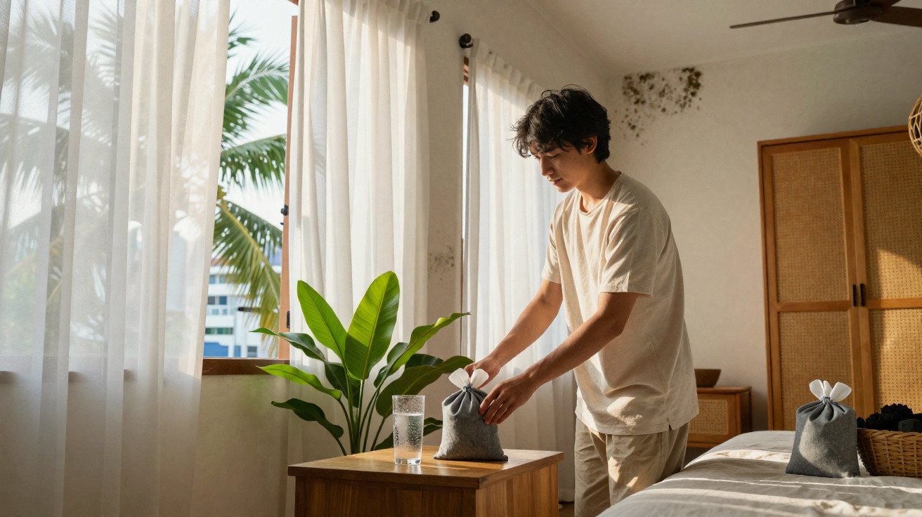 Man arranging a bag on a bedside table next to a glass of water in a sunlit bedroom with plants and closets.
