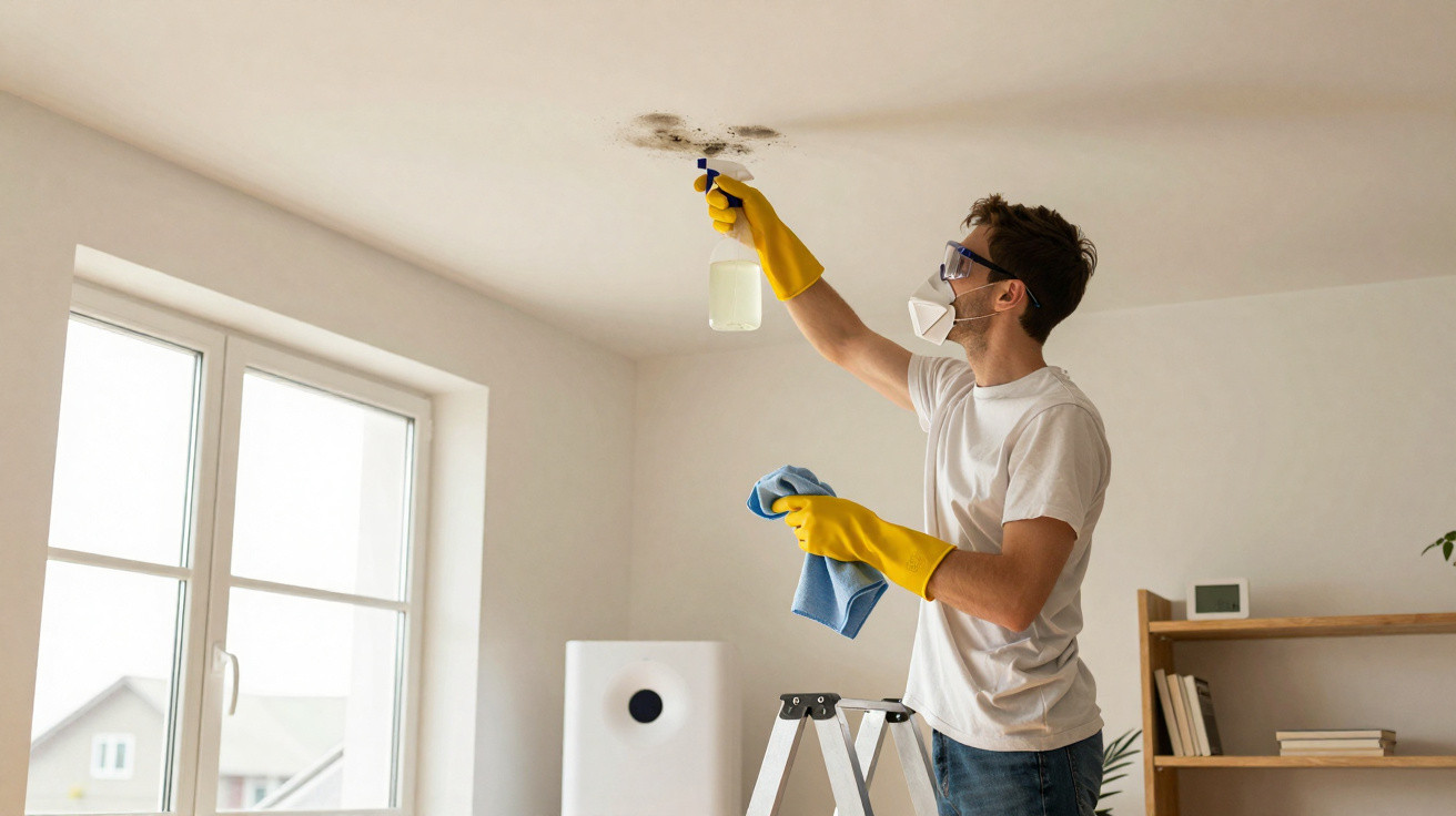 Man wearing gloves and mask cleaning mould on ceiling in bright room with large window and wooden shelves