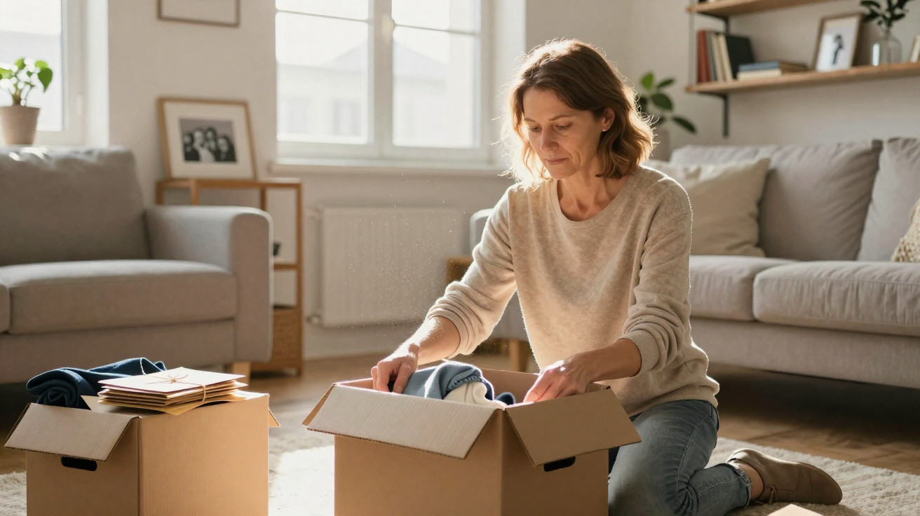 Woman kneeling on the floor unpacking clothes from cardboard boxes in a bright, cosy living room.
