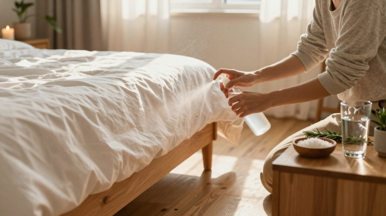Person spraying fabric freshener on a neatly made white bed in a sunlit bedroom.