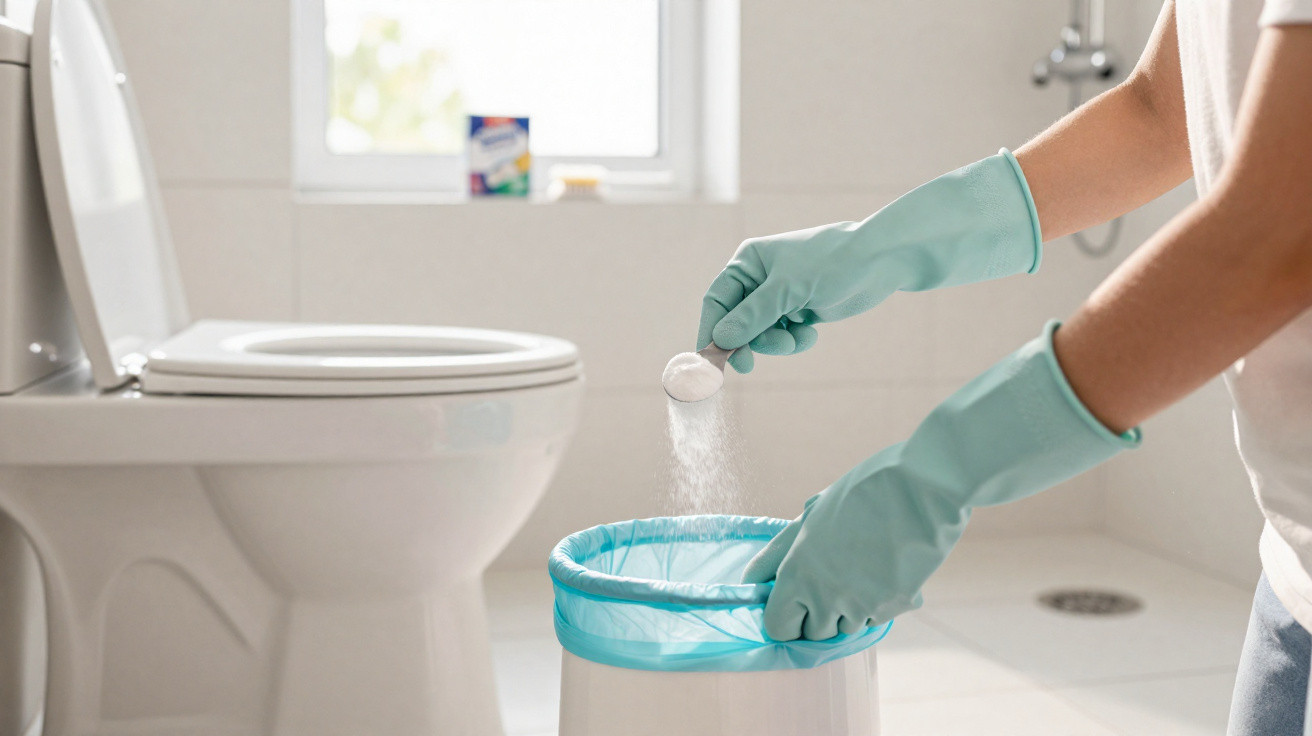Person wearing rubber gloves pouring cleaning powder into a toilet bowl in a bright bathroom.