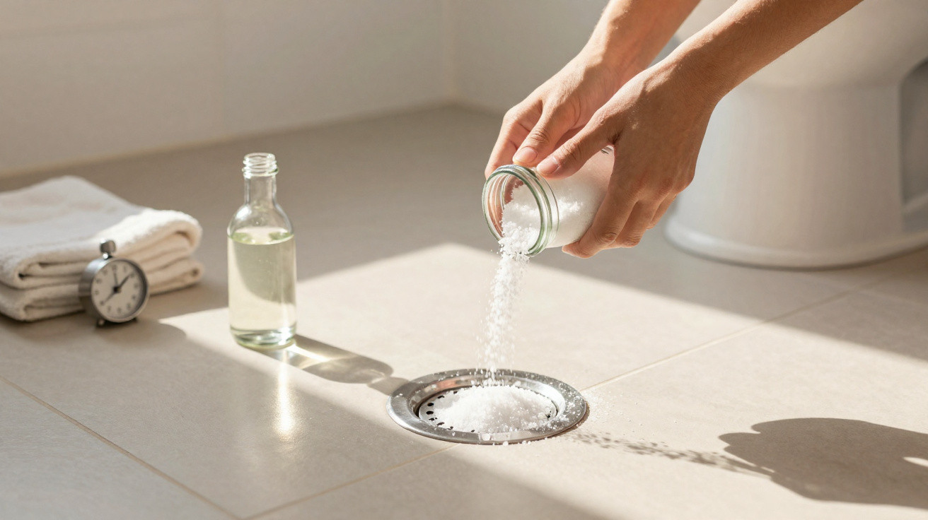 Hands pouring white bath salts into a shower drain with a towel, timer, and bottle nearby on a tiled floor.