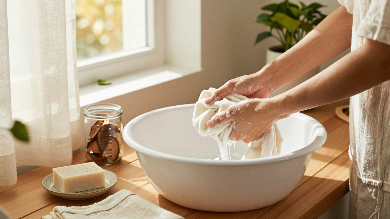 Person wringing out a cloth over a white basin on a wooden countertop by a window.