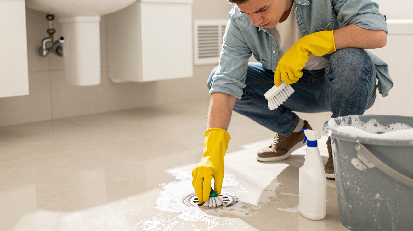Person wearing yellow gloves cleaning a bathroom floor drain with brushes and soapy water.