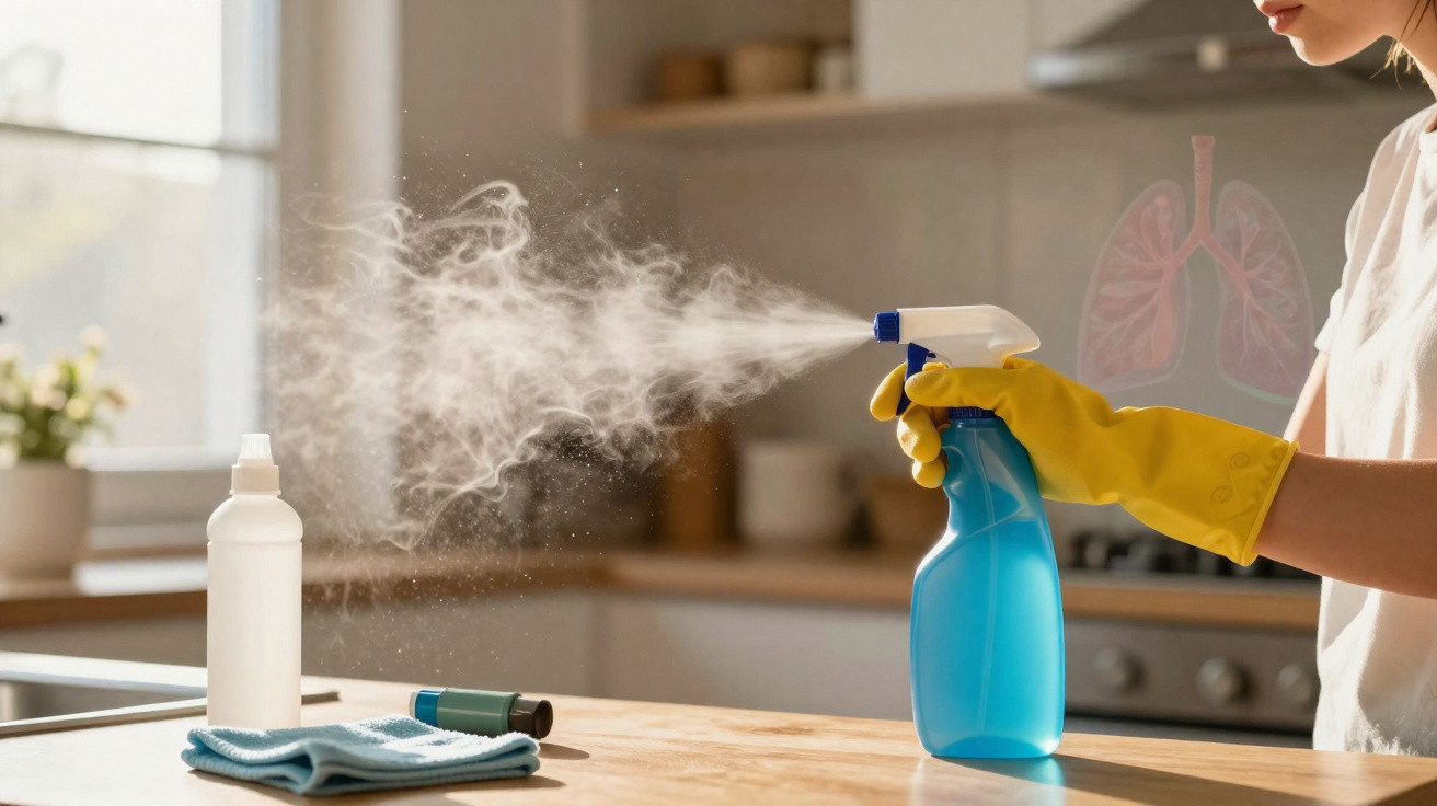 Person wearing yellow gloves spraying disinfectant from a blue bottle in a sunlit kitchen.