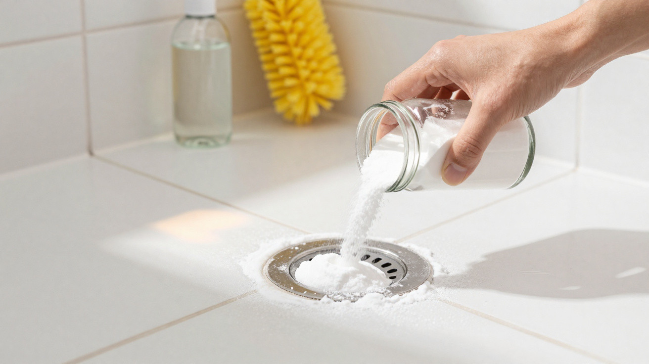 Hand pouring baking soda from a glass jar into a kitchen sink drain for cleaning.