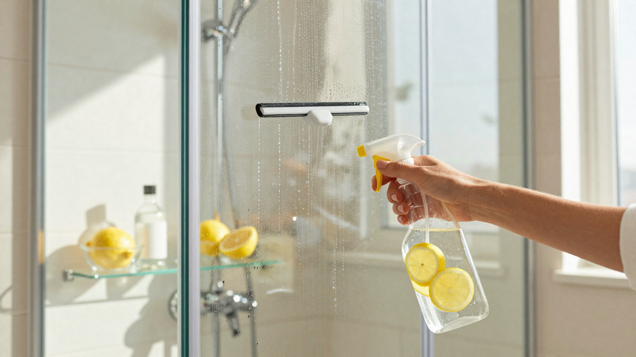Hand holding a spray bottle with lemon water cleaning a glass shower door with a squeegee in the background.