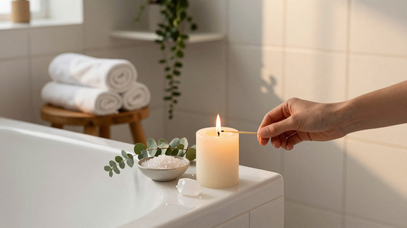 Hand lighting a white candle on the edge of a bathtub with bath salts, eucalyptus, and rolled towels nearby.