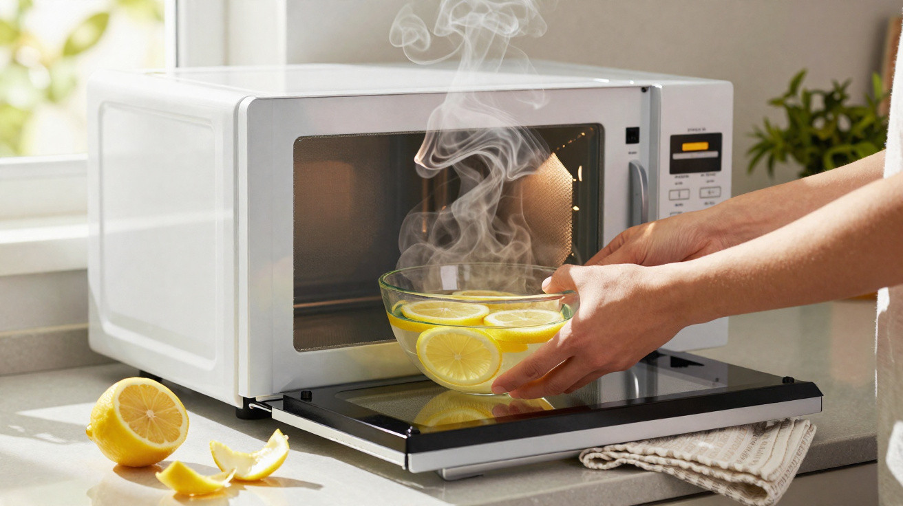 Person removing a steaming glass bowl with lemon slices from an open microwave on a kitchen counter.