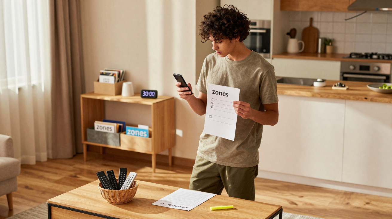 Young man holding paper labelled "zones" and using smartphone in a modern kitchen and living room.