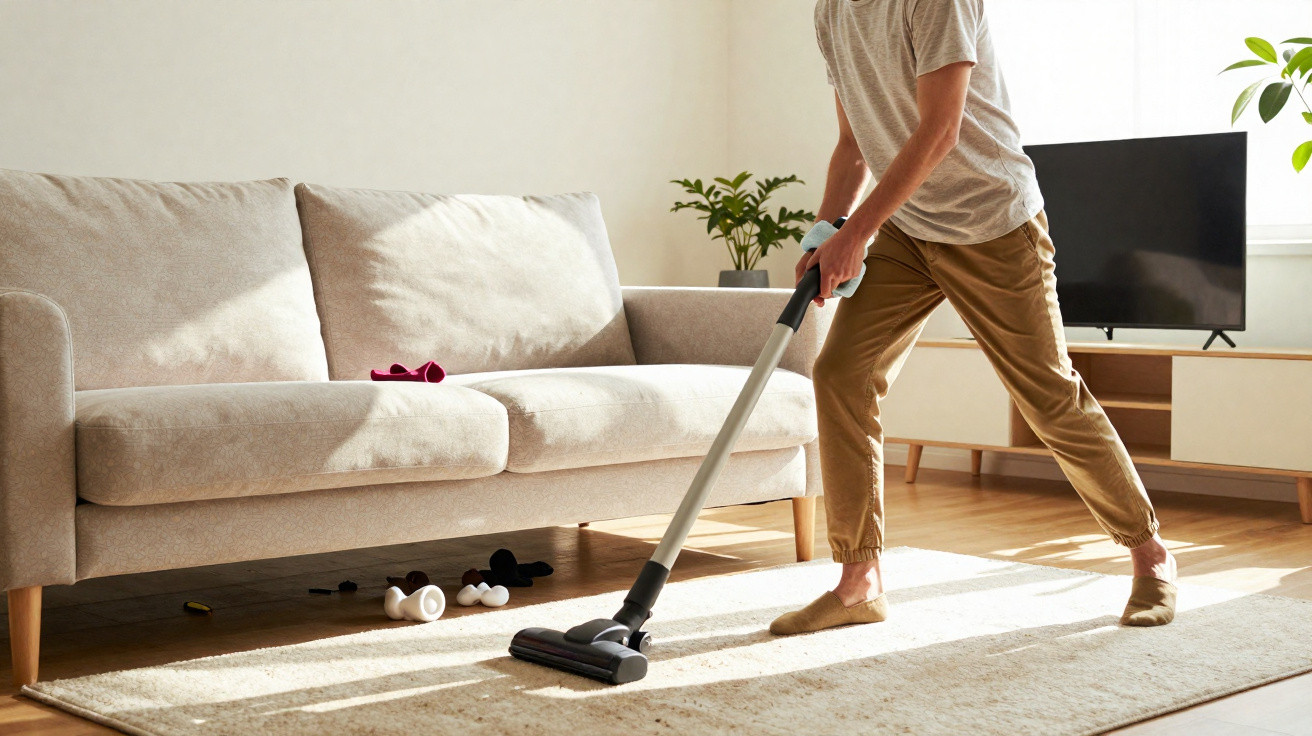 Person vacuuming a beige carpet in a bright living room with a light sofa and TV in the background.