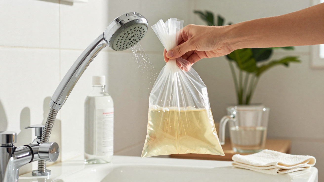 Hand holding clear plastic bag filled with liquid under running bathroom showerhead near sink and towel.