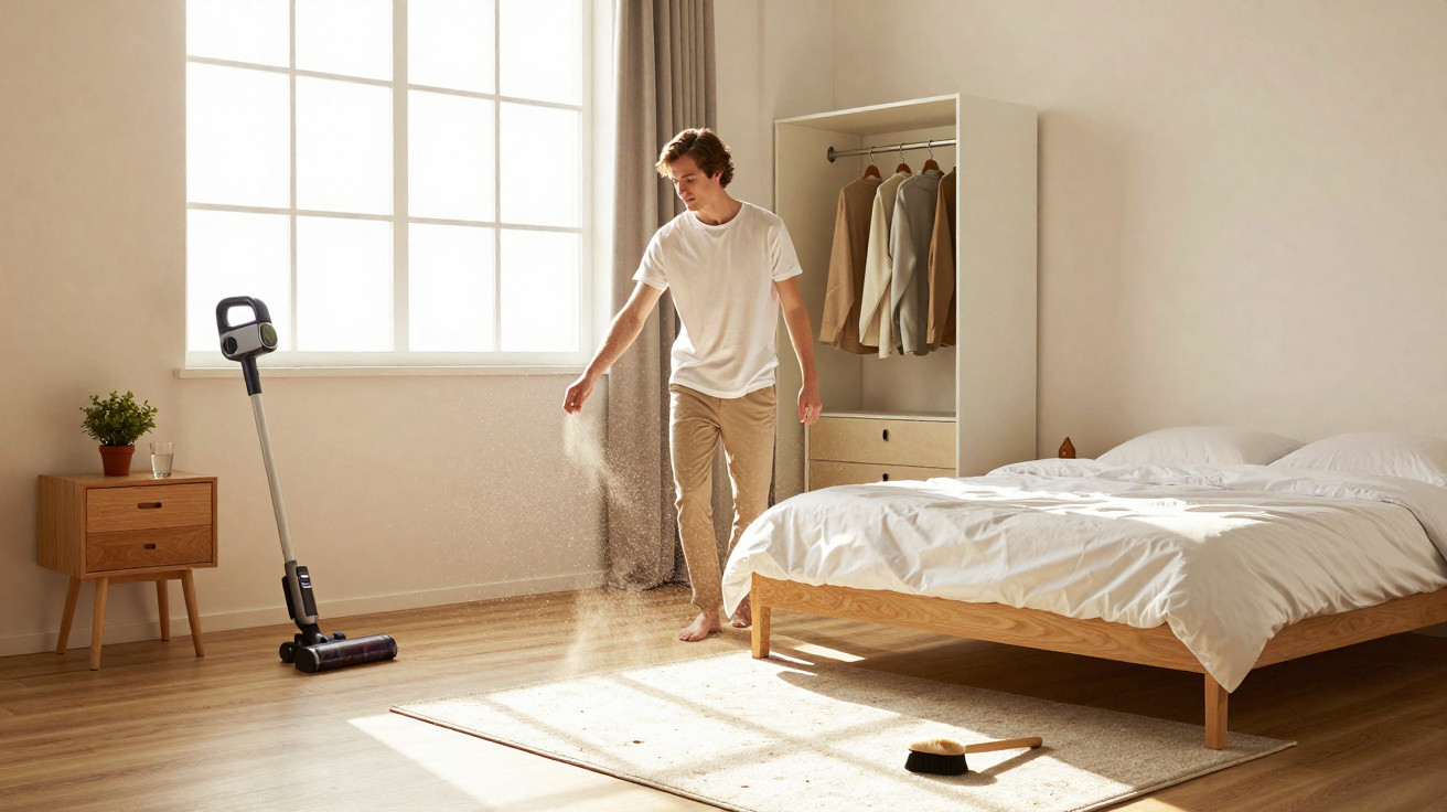 Man sprinkling powder on the floor in a bright, minimalist bedroom with wooden furniture and white bedding.
