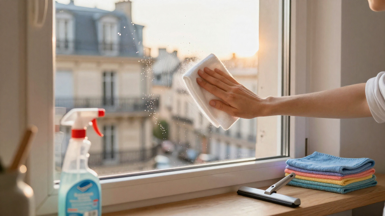 Person cleaning a window with a cloth, spray bottle, squeegee and stacked cloths on wooden windowsill.