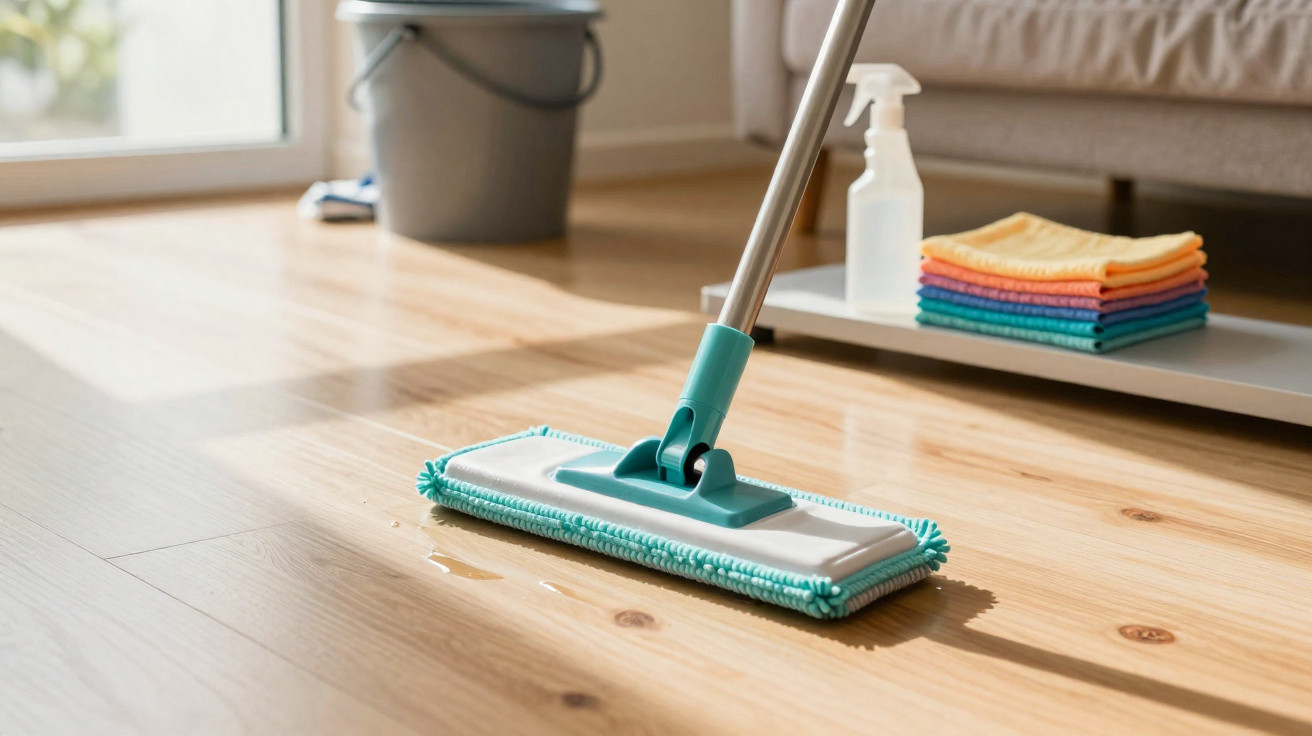 Flat mop cleaning a wet wooden floor near a bucket, spray bottle, and stack of colourful cloths in a living room.