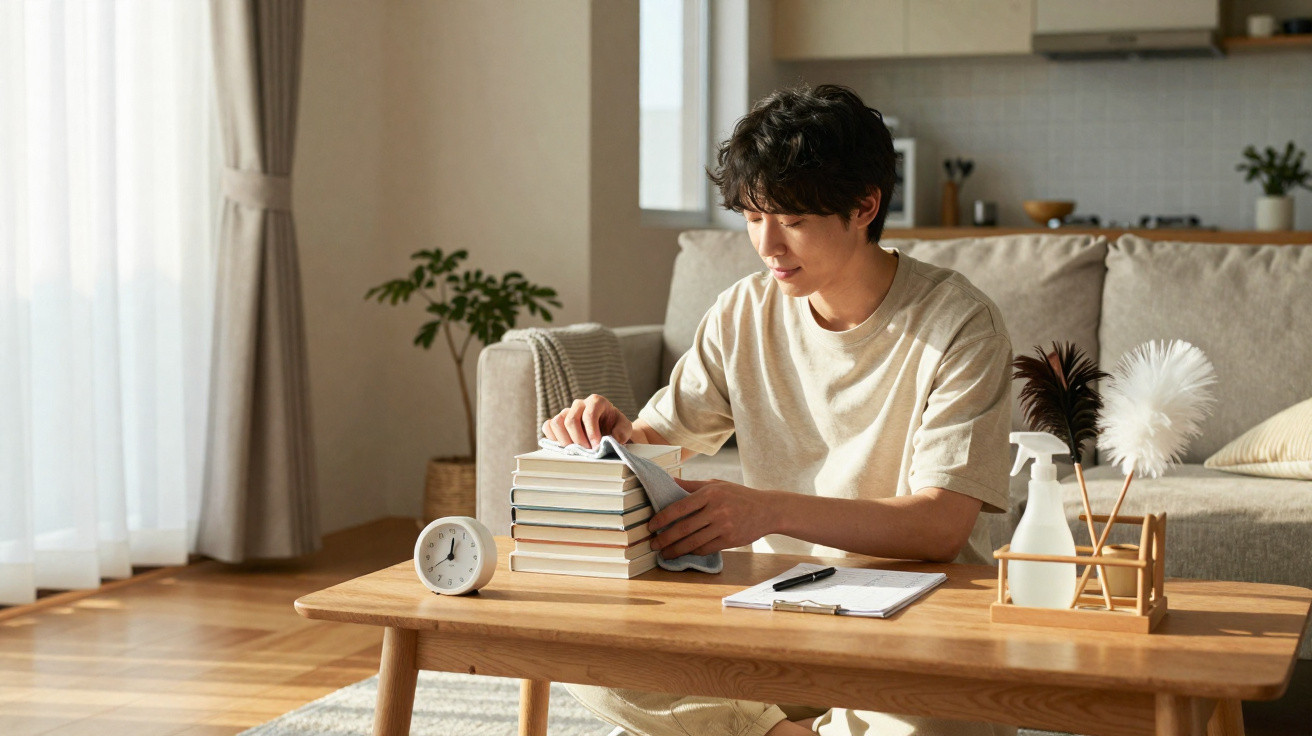 Man sitting on the floor wiping a stack of books on a wooden coffee table in a bright living room.