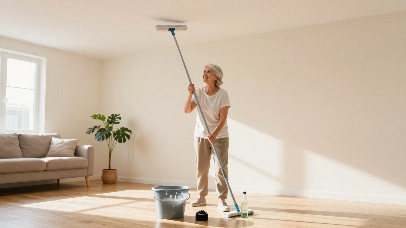 Senior woman cleaning ceiling with mop in bright living room with sofa and plant nearby.