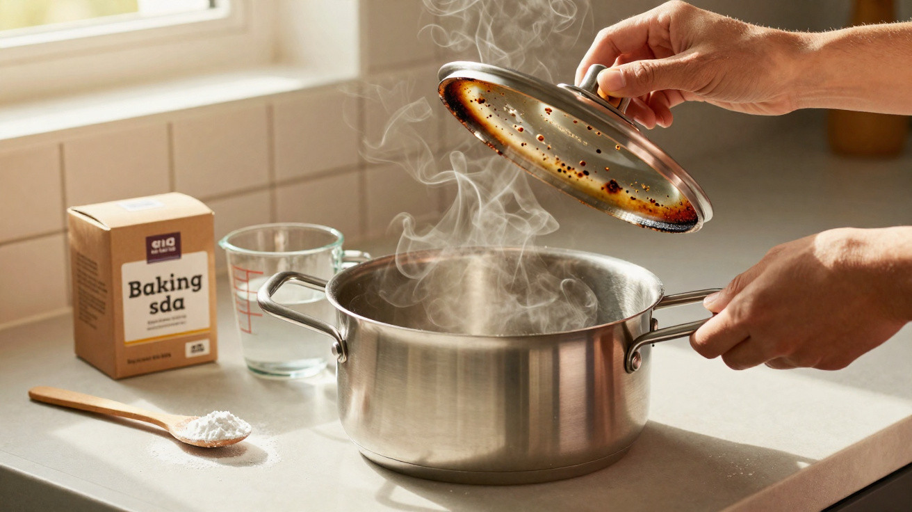 Hands lifting lid off steaming stainless steel pot on kitchen counter with baking soda and spoon nearby