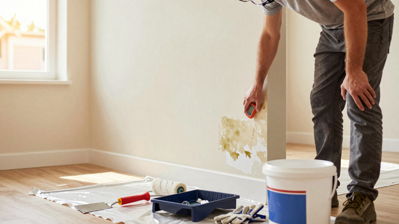 Person scraping old paint off a wall in an empty room with painting tools and bucket nearby